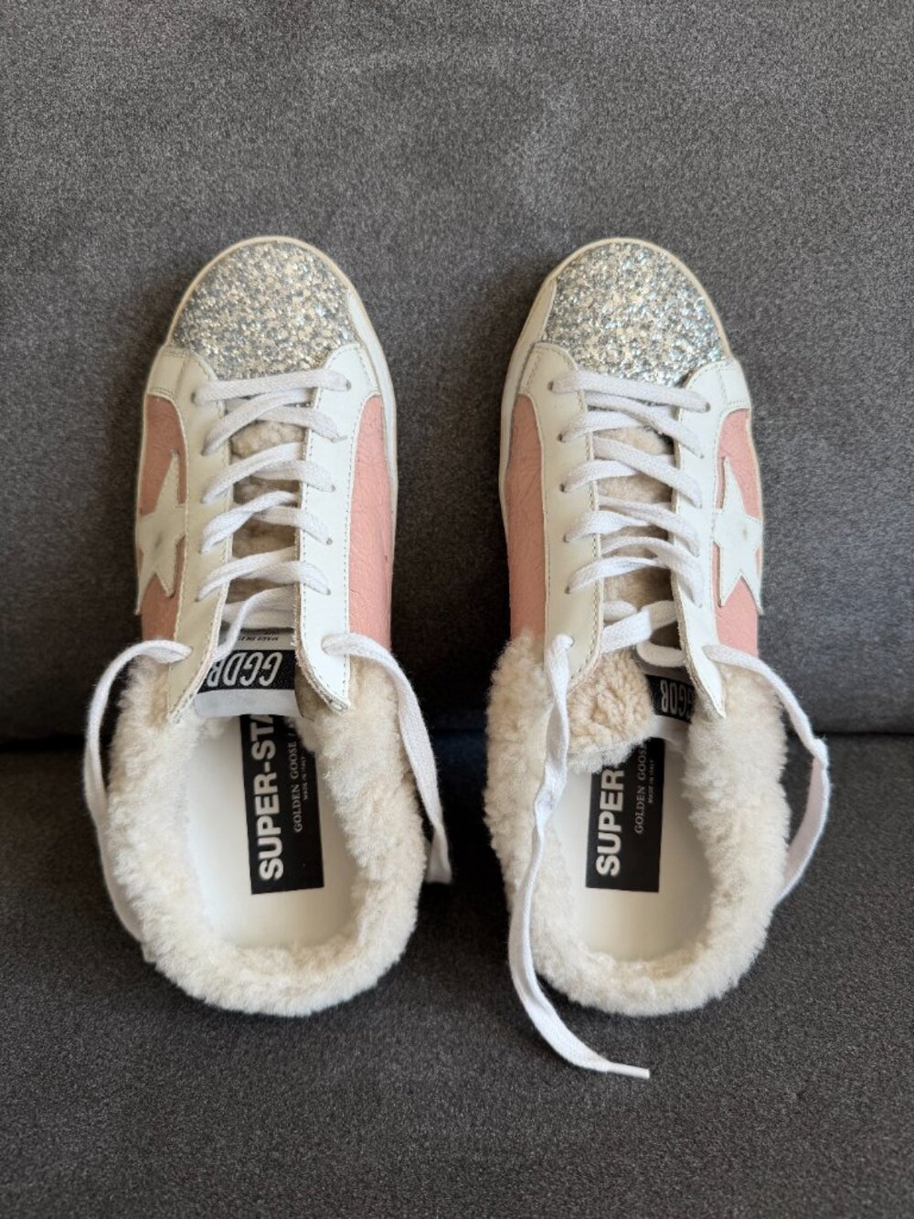 Golden Goose Super-Star White Pink Silver Glitter Shearling Sneakers - Sz 40